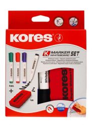 Tábla- és flipchart marker készlet mágneses táblatörlő szivaccsal, 1-3 mm, kúpos, KORES, 4 különböző szín